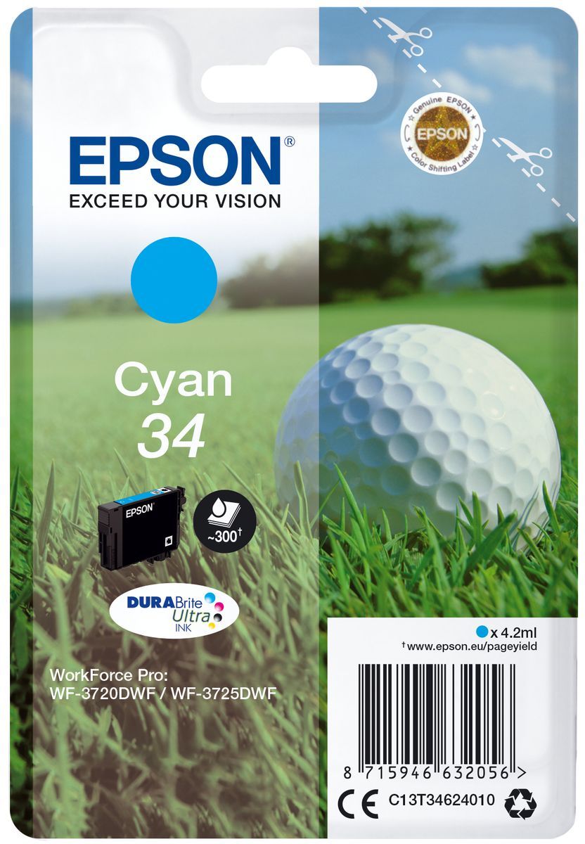 Epson Golf ball Singlepack Cyan 34 DURABrite Ultra Ink [C13T34624010]