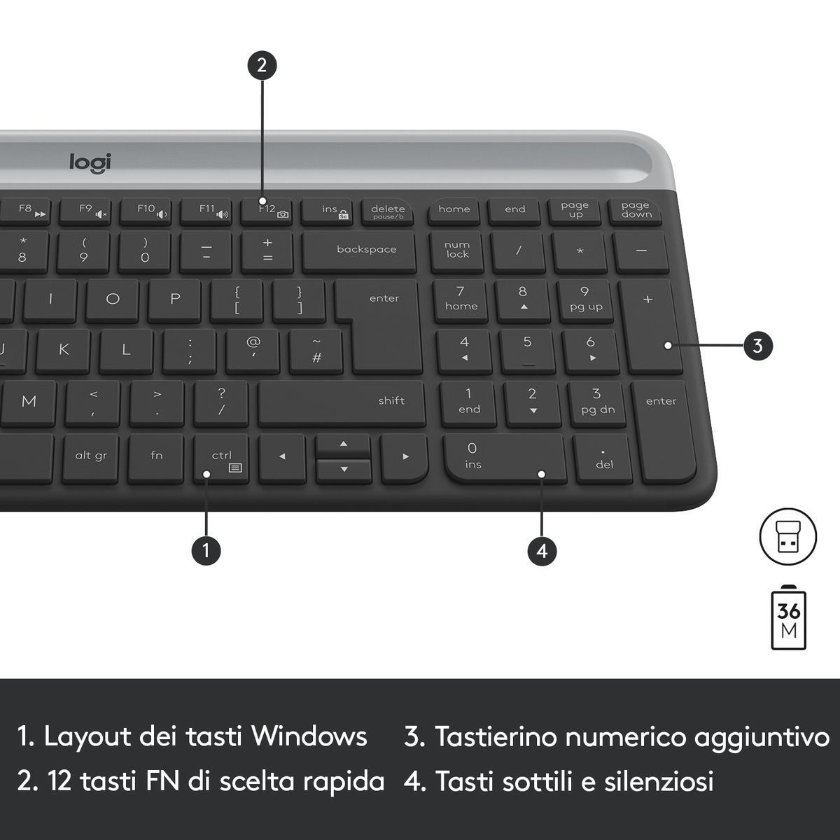 Logitech MK470 Kit Mouse e Tastiera Wireless per Windows, Ricevitore USB 2.4 GHz, Sottile, Compatto, Silenzioso, Batteria Lunga Durata, PC/Laptop, Layout Italiano QWERTY, Grigio [920-009196]