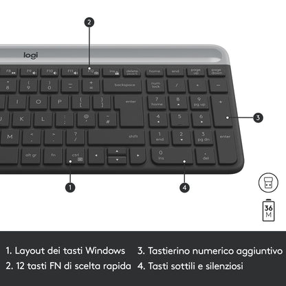 Logitech MK470 Kit Mouse e Tastiera Wireless per Windows, Ricevitore USB 2.4 GHz, Sottile, Compatto, Silenzioso, Batteria Lunga Durata, PC/Laptop, Layout Italiano QWERTY, Grigio [920-009196]