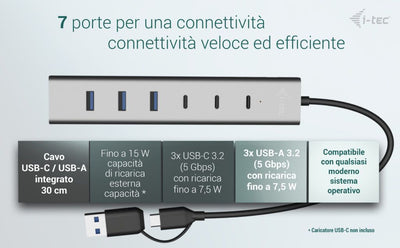 i-tec USB-C/USB-A Charging Metal HUB 7 port (3x USB-C, 4x USB-A) [CAHUBMETAL7]