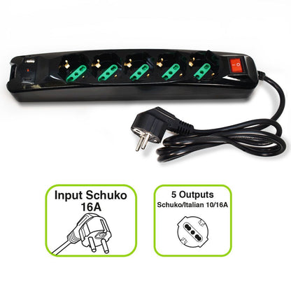 LIMPIADOR ENERGÉTICO TECNOWARE ENTRADA SCHUKO - 5 SALIDAS ITA/SCHUKO + USB-A, USB-C [FMP5GIGUSB]