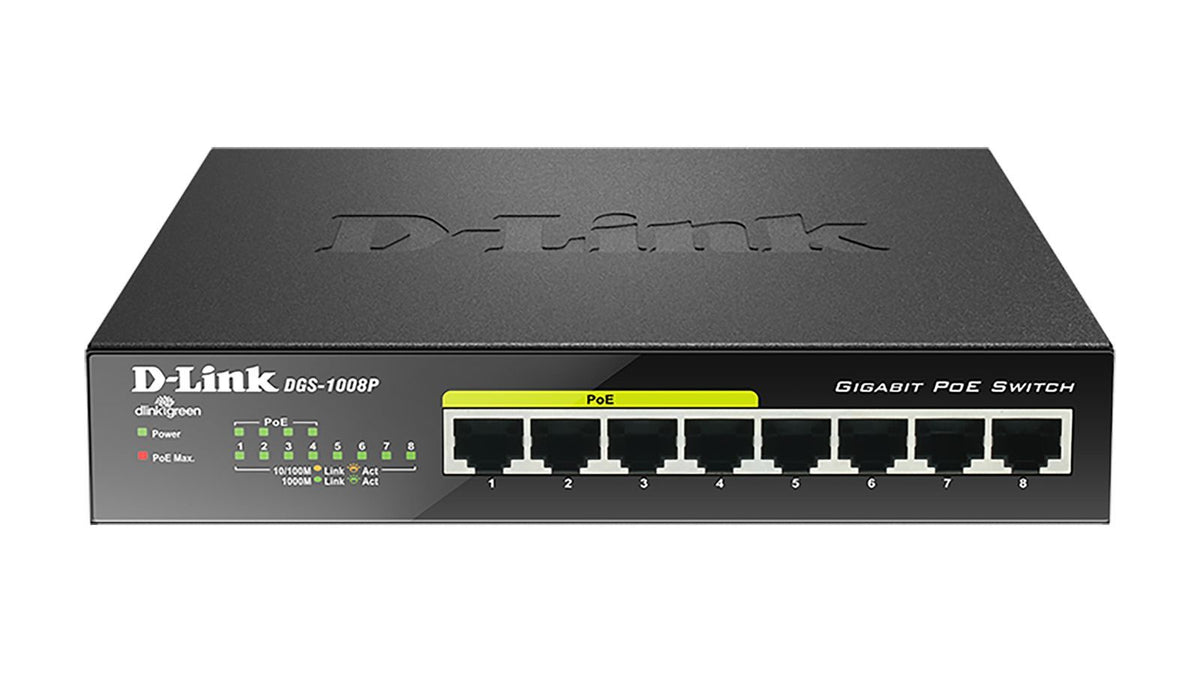 D-Link DGS-1008P/E switch di rete Non gestito L2 Gigabit Ethernet (10/100/1000) Supporto Power over Ethernet (PoE) Desktop Nero [DGS-1008P/E]