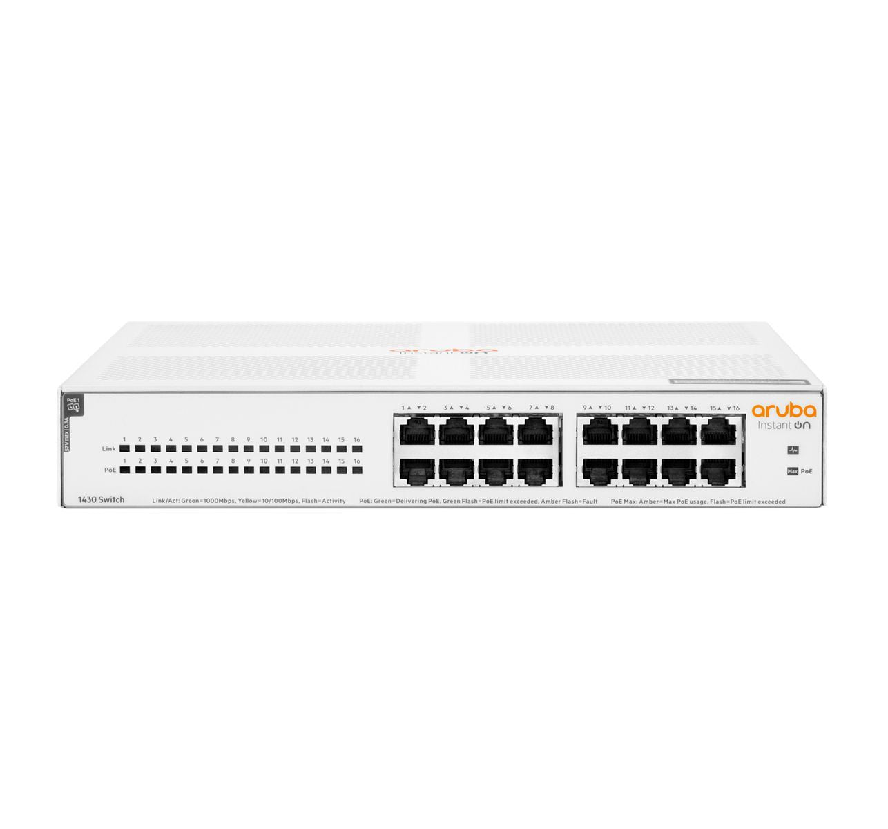 HPE Aruba Networking Aruba Instant On 1430 16G Class4 PoE 124W Non gestito L2 Gigabit Ethernet (10/100/1000) Supporto Power over Ethernet (PoE) 1U Bianco [R8R48A#ABB]