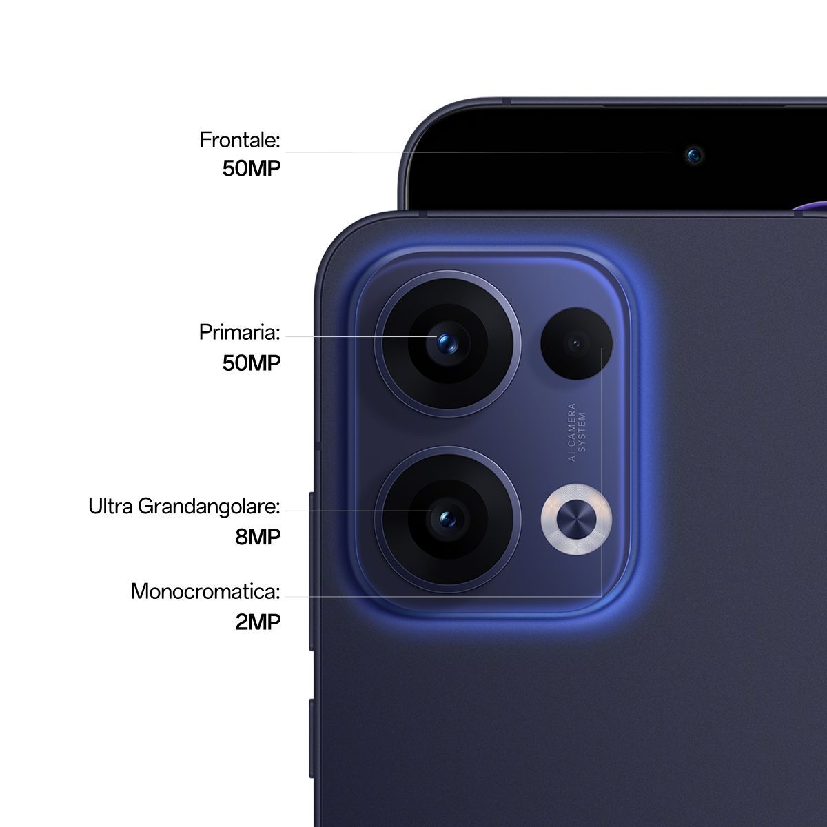 OPPO Reno13 5G AI Smartphone, Tripla fotocamera 50+8+2MP, Selfie 50MP, Display 6.59 120HZ AMOLED FHD+, 5600mAh, RAM 12GB(Esp4GB/8GB/12GB)+ROM 256GB, [Versione Italia], Luminous Blue [110010235376]