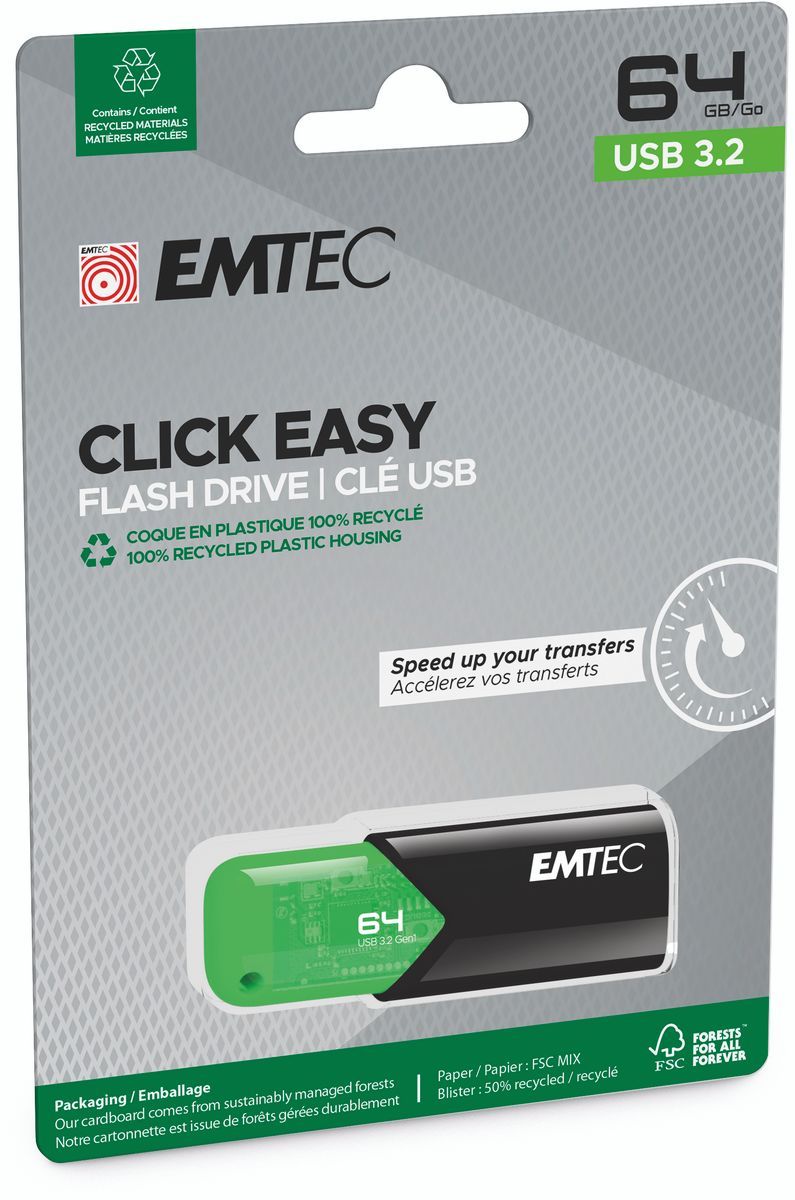 Emtec Click Easy unità flash USB 64 GB USB tipo A 3.2 Gen 1 (3.1 Gen 1) Nero, Verde [ECMMD64GB113]