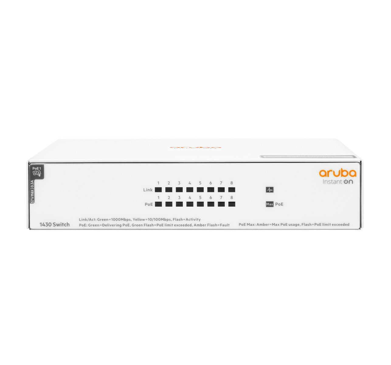 HPE Aruba Networking Aruba Instant On 1430 8G Class4 PoE 64W Non gestito L2 Gigabit Ethernet (10/100/1000) Supporto Power over Ethernet (PoE) Bianco [R8R46A#ABB]