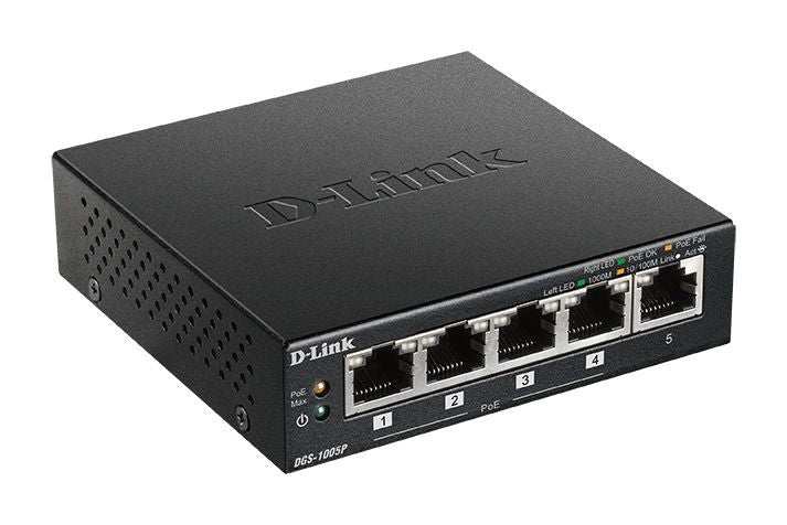 D-Link DGS-1005P/E switch di rete Non gestito L2 Gigabit Ethernet (10/100/1000) Supporto Power over Ethernet (PoE) Nero [DGS-1005P]