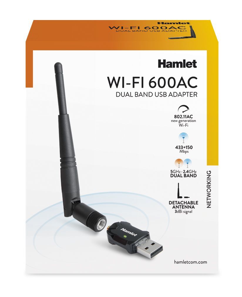 Hamlet Adattatore USB Wi-Fi 600Mbps Dual Band 5GHz + 2.4GHz standard 802.ac con antenna rimovibile [HNW600ACU]