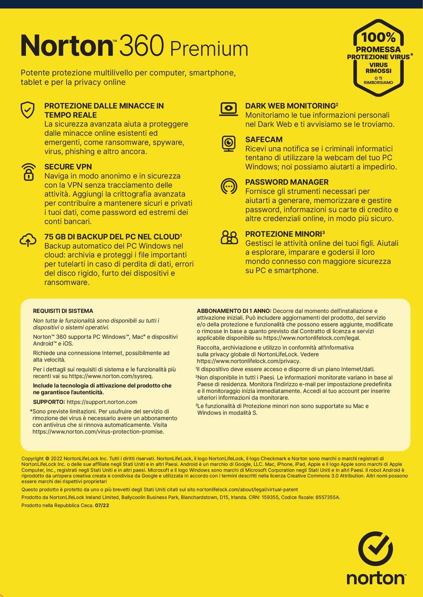Norton 360 Premium 2024 Antivirus per 10 dispositivi Licenza di 1 anno Secure VPN e Password Manager PC, Mac, tablet e smartphone [21429125]