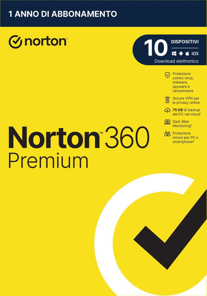Norton 360 Premium 2024 Antivirus per 10 dispositivi Licenza di 1 anno Secure VPN e Password Manager PC, Mac, tablet e smartphone [21429125]