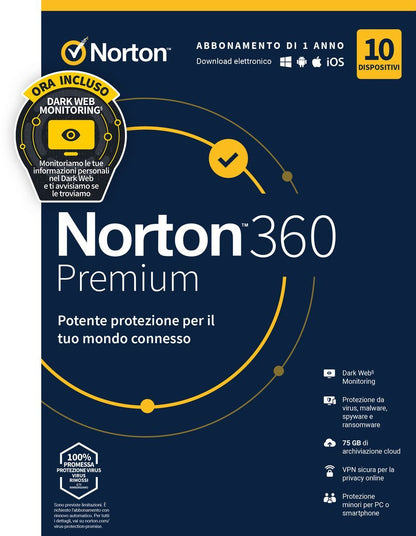 Norton 360 Premium 2024 Antivirus per 10 dispositivi Licenza di 1 anno Secure VPN e Password Manager PC, Mac, tablet e smartphone [21429125]