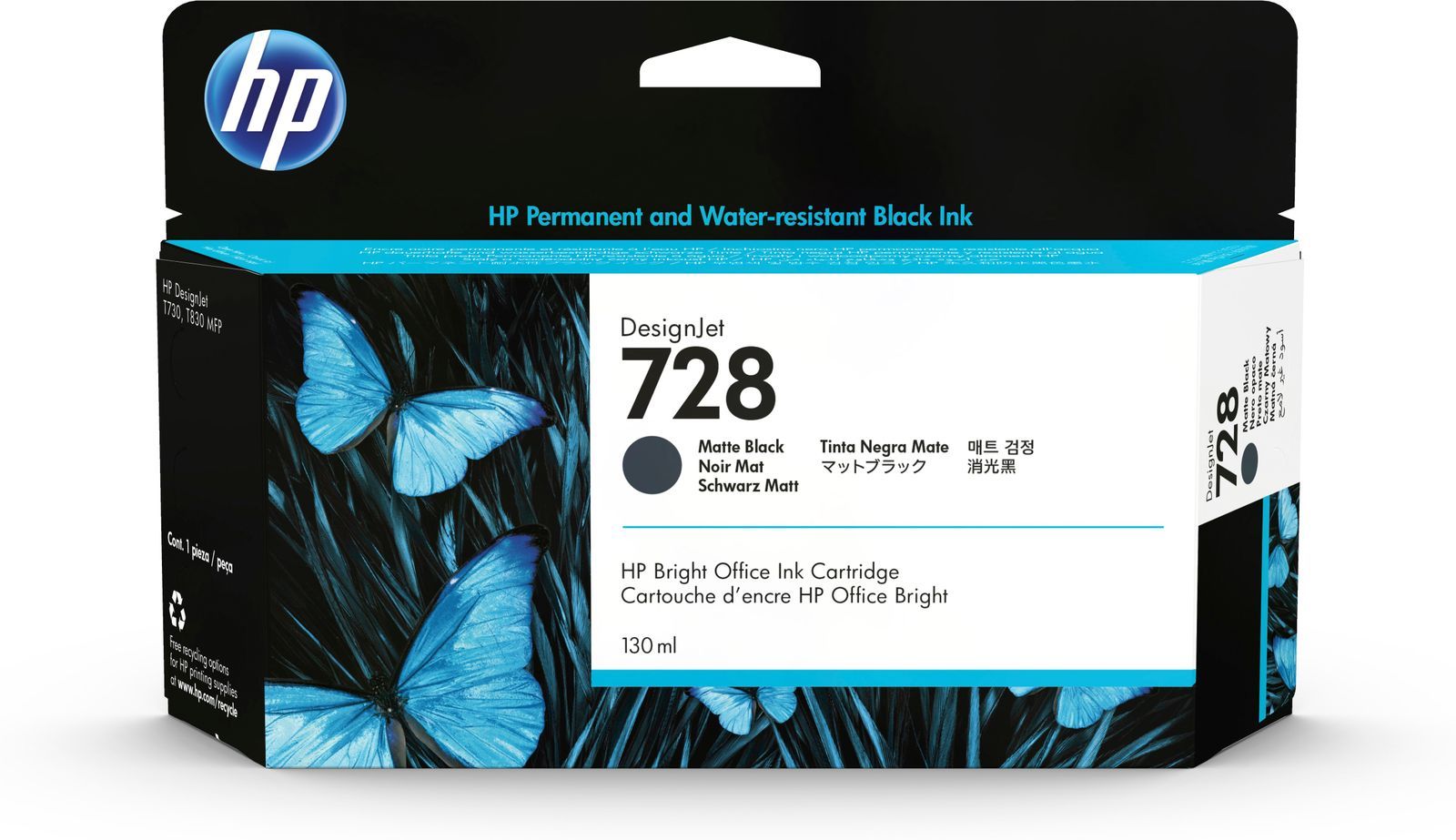 HP 728 130-ml Matte Black DesignJet Ink Cartridge cartuccia d'inchiostro 1 pz Originale Resa standard Nero opaco [3WX25A]