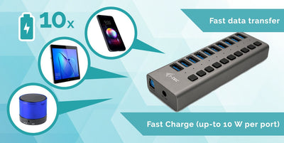 i-tec U3CHARGEHUB10 Caricabatterie per dispositivi mobili Universale Grigio AC Ricarica rapida Interno [U3CHARGEHUB10]