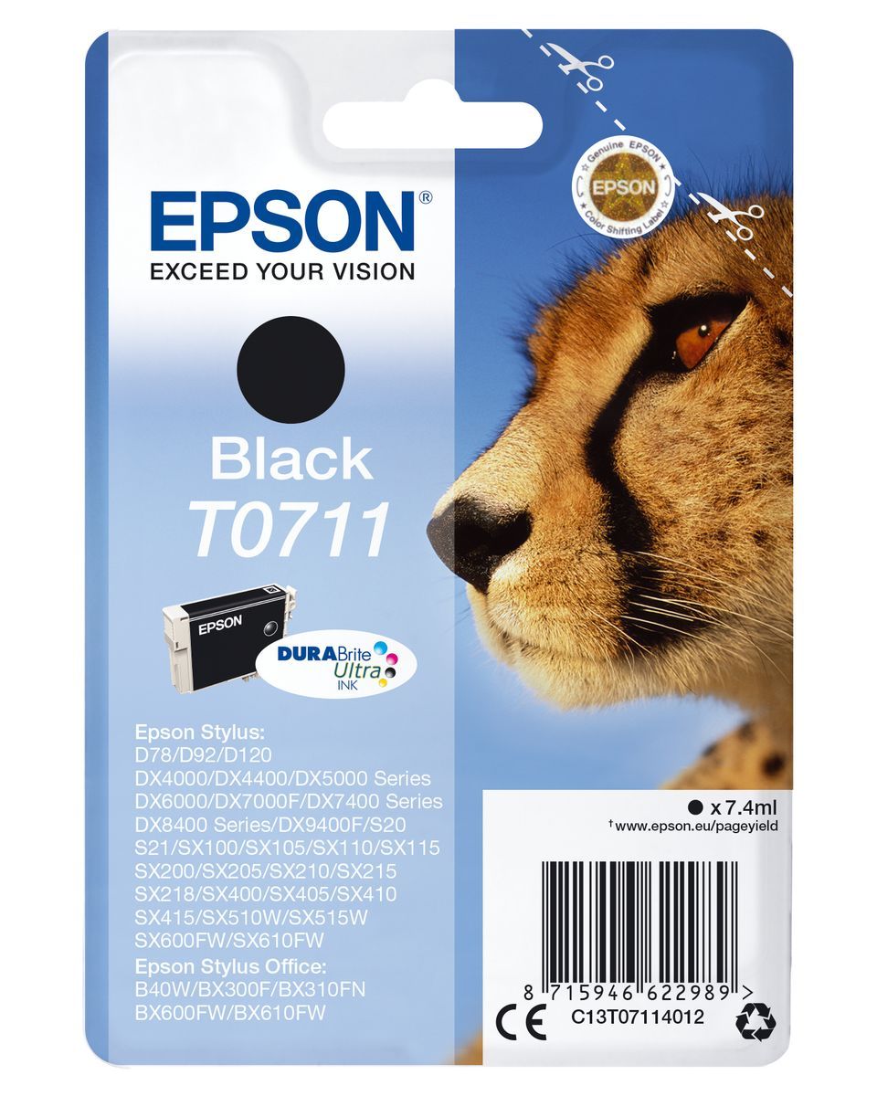 Epson Cheetah Singlepack Black T0711 DURABrite Ultra Ink [C13T07114012]