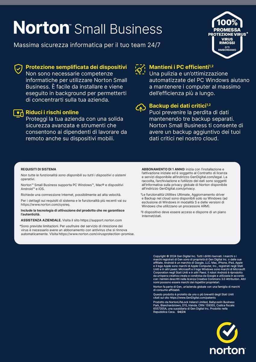 Norton Small Business Protezione antivirus per piccole imprese e small office 10 dispositivi Licenza di 1 anno [21454860]
