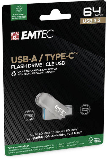 Emtec D280 Dual unità flash USB 64 GB USB Type-A / USB Type-C 3.2 Gen 1 (3.1 Gen 1) Argento [ECMMD64GD283]