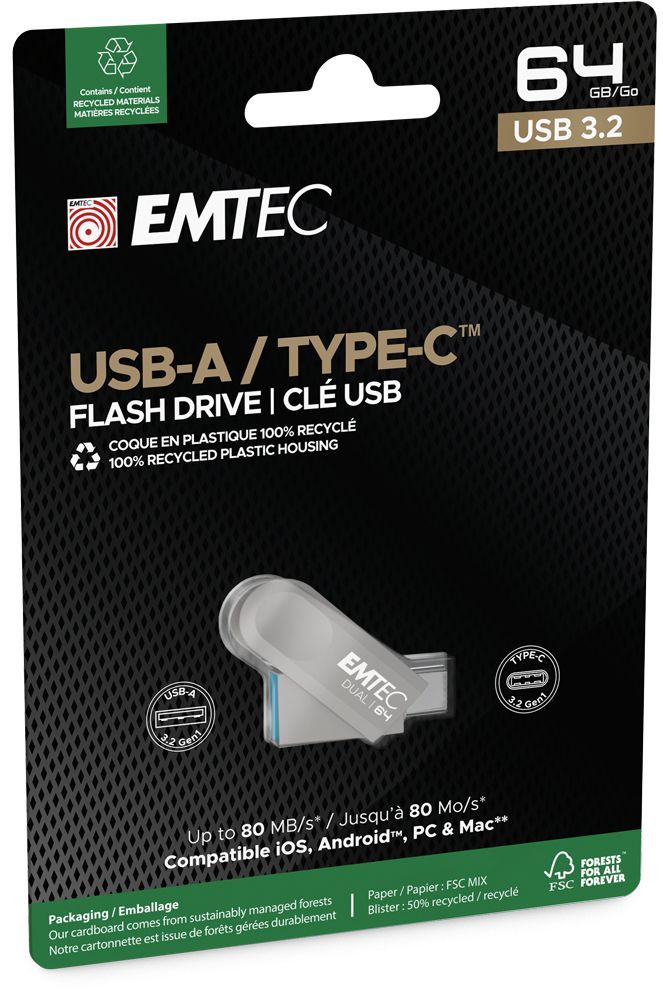 Emtec D280 Dual unità flash USB 64 GB USB Type-A / USB Type-C 3.2 Gen 1 (3.1 Gen 1) Argento [ECMMD64GD283]