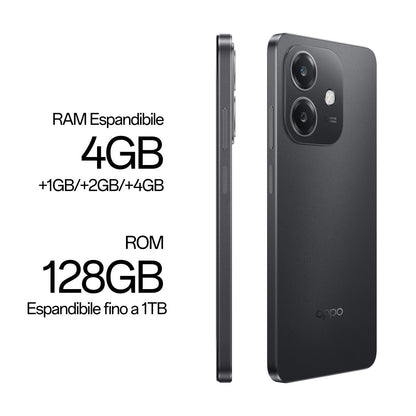 OPPO A40 Smartphone, Fotocamera AI 50MP, Selfie 5MP, Display 6.67 90HZ LCD HD+, 5100mAh, RAM 4 Esp 8GB (+4GB Virtuali) +ROM 128GB, IP54, [Versione Italia], Sparkle Black [110010347455]