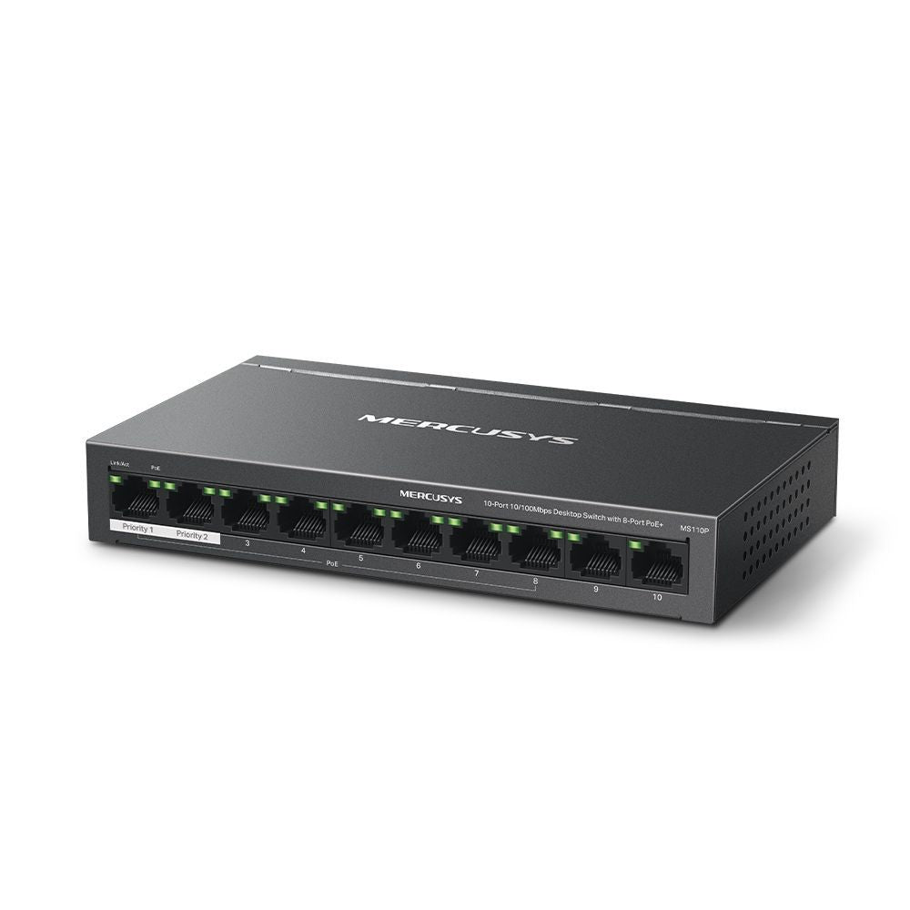 Mercusys MS110P switch di rete Gestito Fast Ethernet (10/100) Supporto Power over Ethernet (PoE) Nero [MS110P]