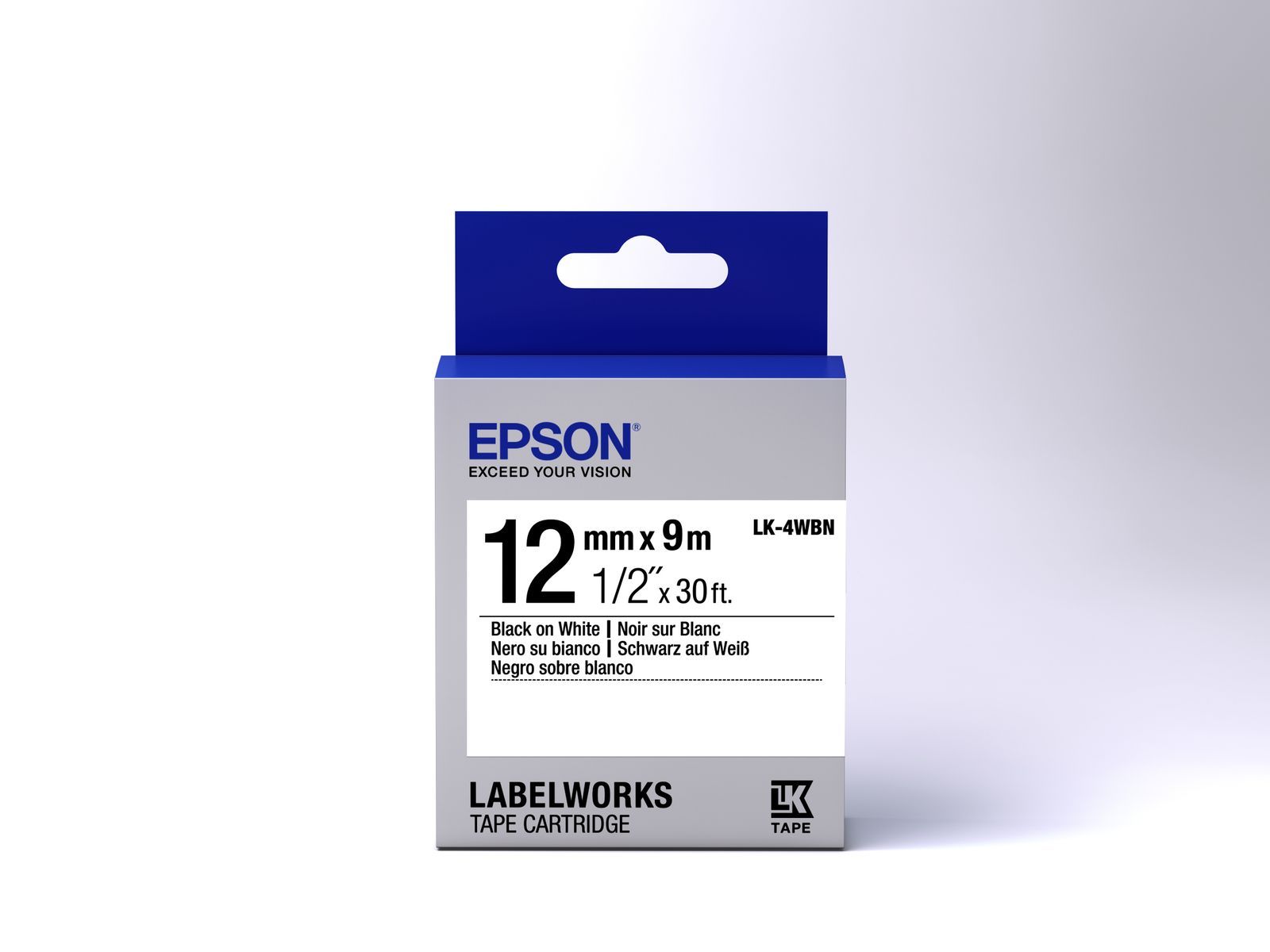 Epson Nastro fondo Standard Bianco per testo Nero 12/9 LK-4WBN [C53S654021]
