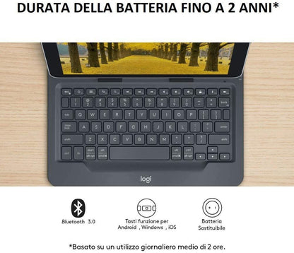 Logitech Universal Folio Cover iPad o Tablet con Tastiera Bluetooth Wireless, Per la maggior parte dei tablet da 9-10", iOS, Android, Windows, Italiano Qwerty, Nero [920-008335]