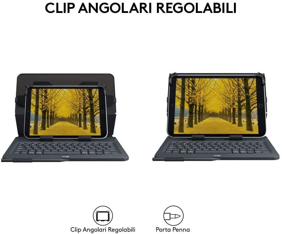 Logitech Universal Folio Cover iPad o Tablet con Tastiera Bluetooth Wireless, Per la maggior parte dei tablet da 9-10", iOS, Android, Windows, Italiano Qwerty, Nero [920-008335]