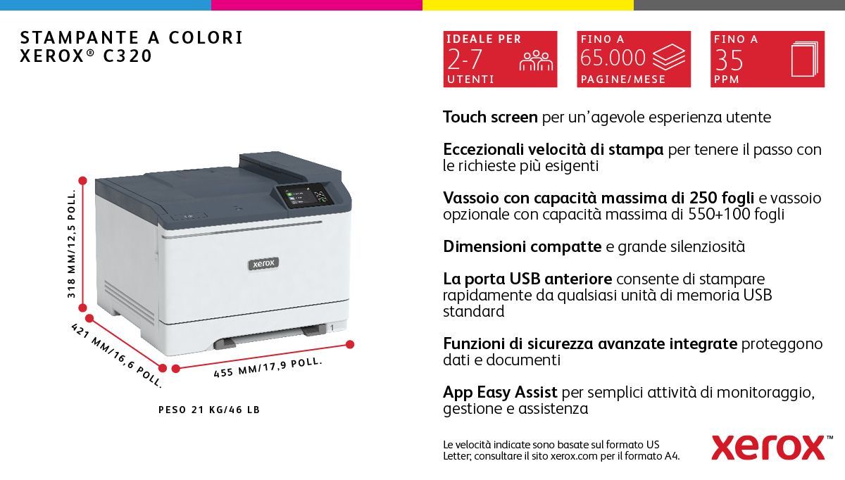 Xerox C325 A4 33 ppm Copia/Stampa/Scansione/Fax fronte/retro wireless PS3 PCL5e/6 2 vassoi 251 fogli [C320V_DNI]