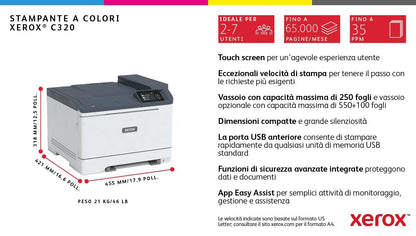 Xerox C325 A4 33 ppm Copia/Stampa/Scansione/Fax fronte/retro wireless PS3 PCL5e/6 2 vassoi 251 fogli [C320V_DNI]