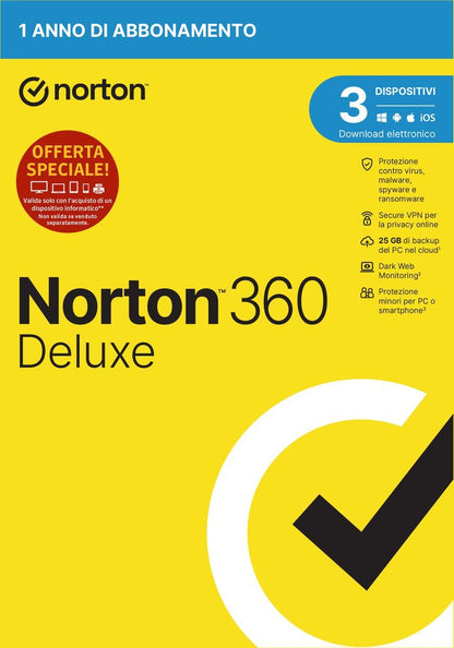 NortonLifeLock Norton 360 Deluxe 2023 Antivirus per 3 dispositivi Licenza di 1 anno Secure VPN e Password Manager PC, Mac, tablet e smartphone [21429480]