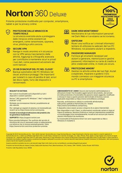 NortonLifeLock Norton 360 Deluxe 2023 Antivirus per 3 dispositivi Licenza di 1 anno Secure VPN e Password Manager PC, Mac, tablet e smartphone [21429480]