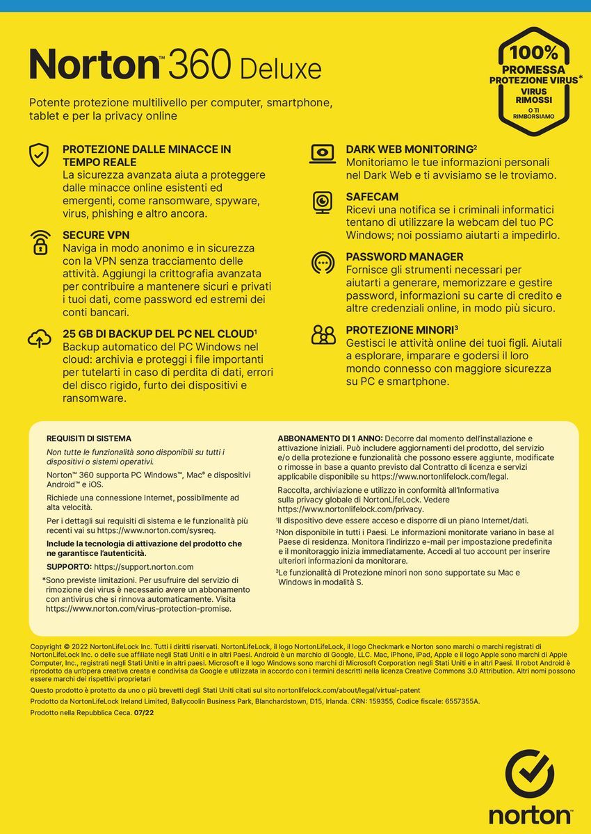 NortonLifeLock Norton 360 Deluxe 2023 Antivirus per 3 dispositivi Licenza di 1 anno Secure VPN e Password Manager PC, Mac, tablet e smartphone [21429480]