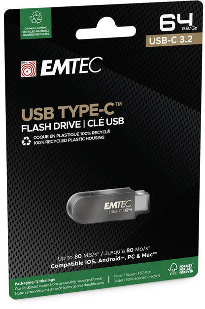 Emtec C280 unità flash USB 64 GB USB tipo-C 3.2 Gen 1 (3.1 Gen 1) Nero [ECMMD64GC283]