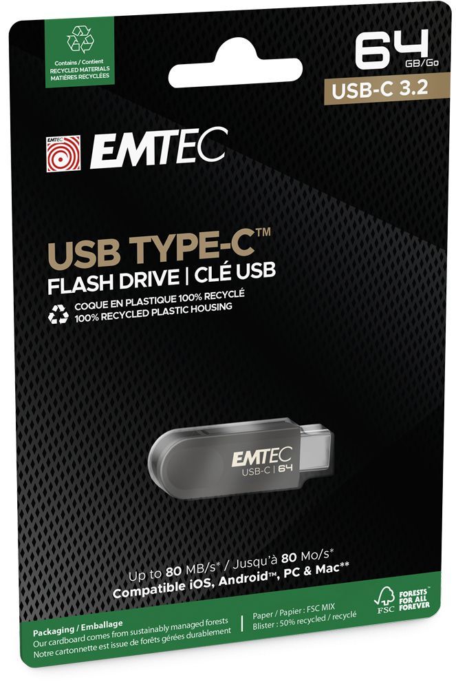 Emtec C280 unità flash USB 64 GB USB tipo-C 3.2 Gen 1 (3.1 Gen 1) Nero [ECMMD64GC283]