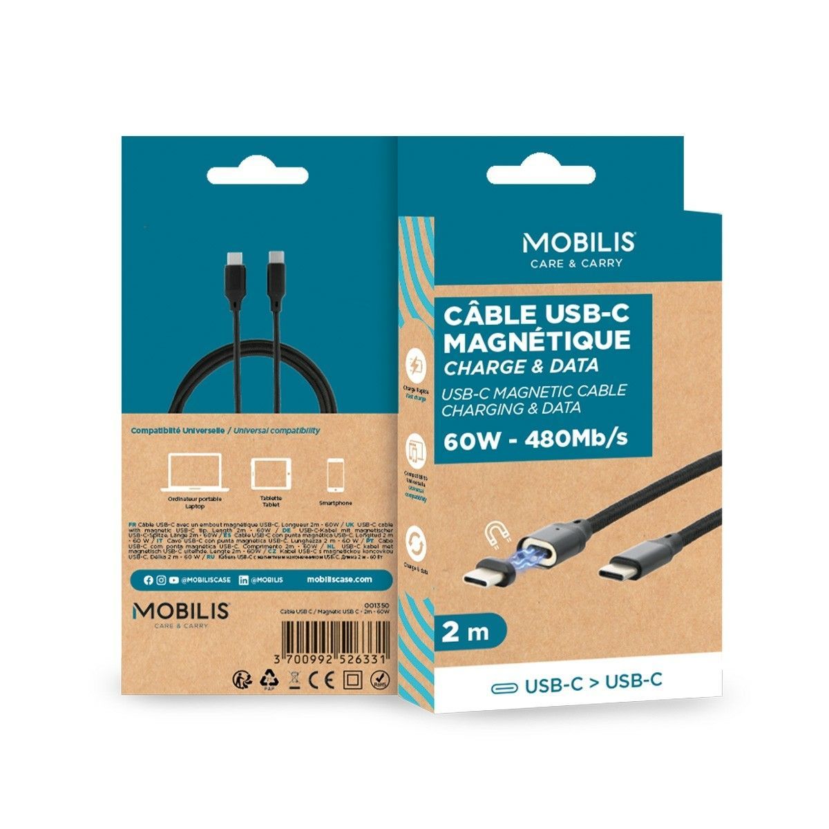 Mobilis 001350 cavo USB USB 2.0 2 m USB C 480 Gbit/s 60 W Nero, Grigio [001350]