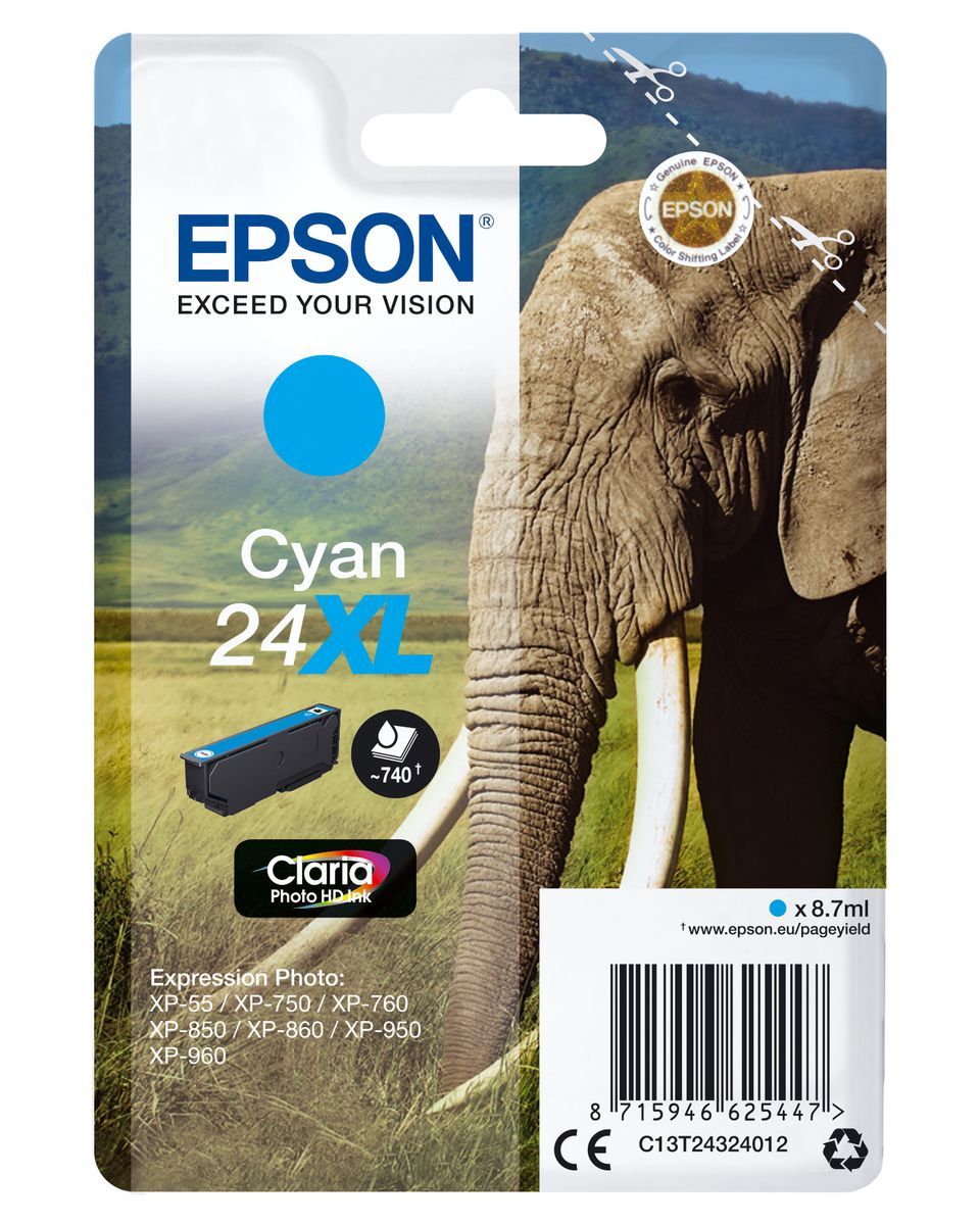 Epson Elephant Inchiostro ciano singolo Claria Photo HD Elefante 24XL [C13T24324012]