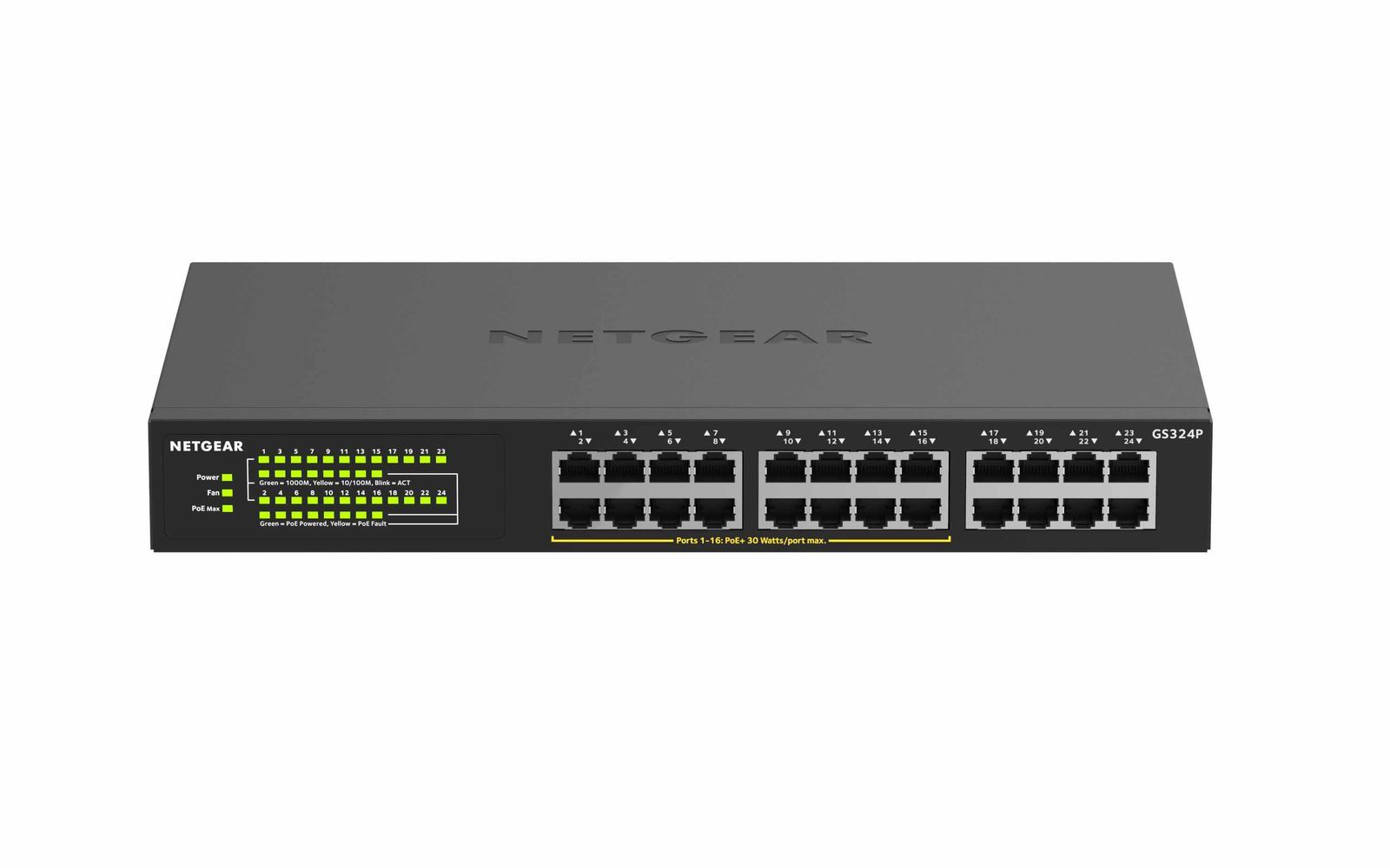 NETGEAR GS324P Non gestito Gigabit Ethernet (10/100/1000) Supporto Power over Ethernet (PoE) 1U Nero [GS324P-100EUS]