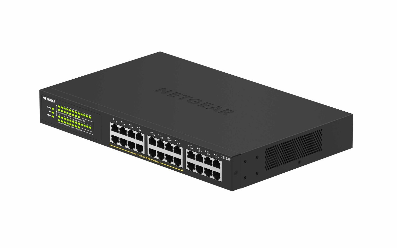 NETGEAR GS324P Non gestito Gigabit Ethernet (10/100/1000) Supporto Power over Ethernet (PoE) 1U Nero [GS324P-100EUS]