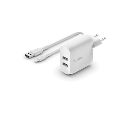 Belkin CARICABATTERIE 2 PORTE USBA, CAVO USB-A A LIGH. 1M [WCD001VF1MWH]