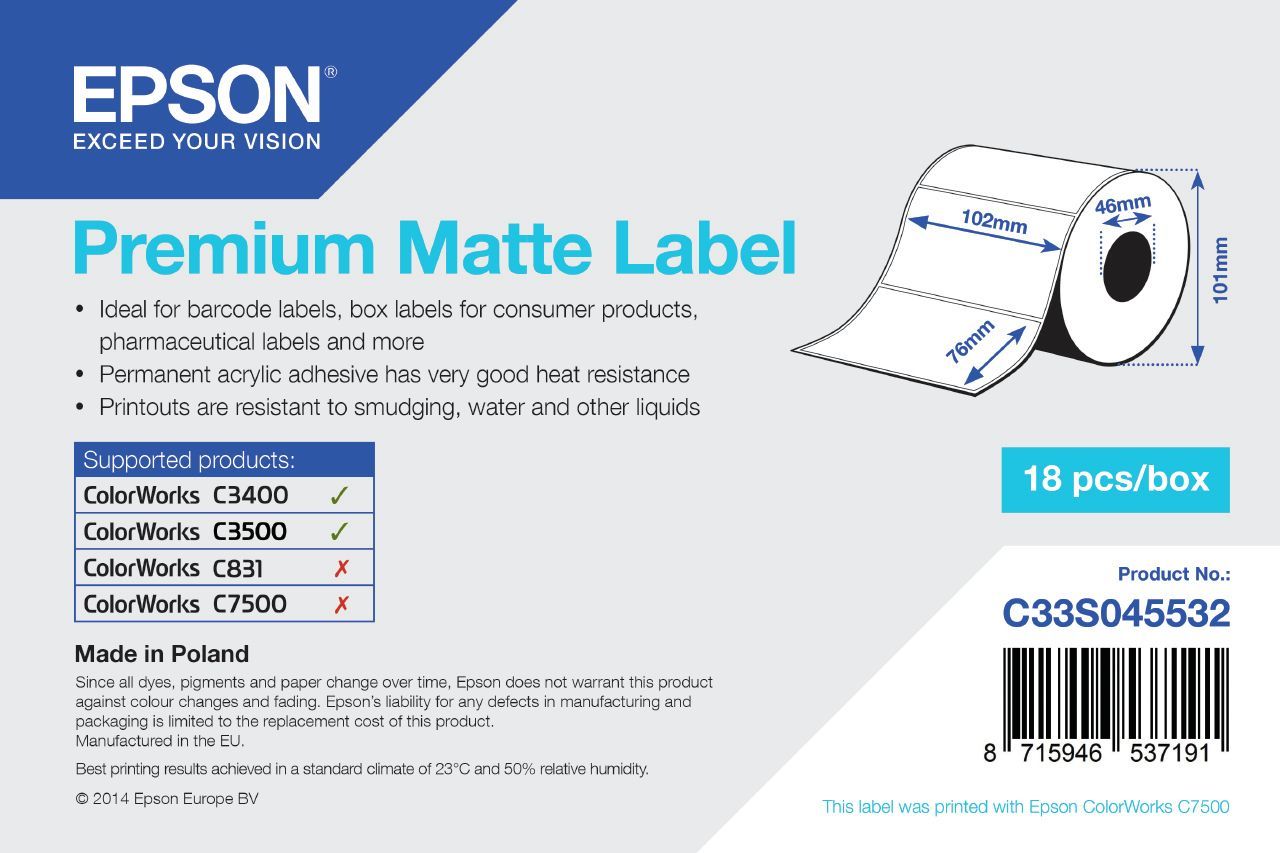 Epson Premium Matte Label - Die-cut Roll: 102mm x 76mm, 440 labels [C33S045532]