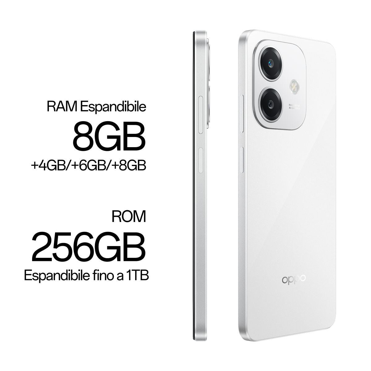 OPPO A40M Smartphone, Fotocamera AI 50MP, Selfie 5MP, Display 6.67 90HZ LCD HD+, 5100mAh, RAM 16 GB (8+8) + ROM 256GB, IP54, [Versione Italia], Starlight White [110010347675]