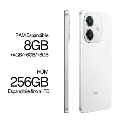 OPPO A40M Smartphone, Fotocamera AI 50MP, Selfie 5MP, Display 6.67 90HZ LCD HD+, 5100mAh, RAM 16 GB (8+8) + ROM 256GB, IP54, [Versione Italia], Starlight White [110010347675]