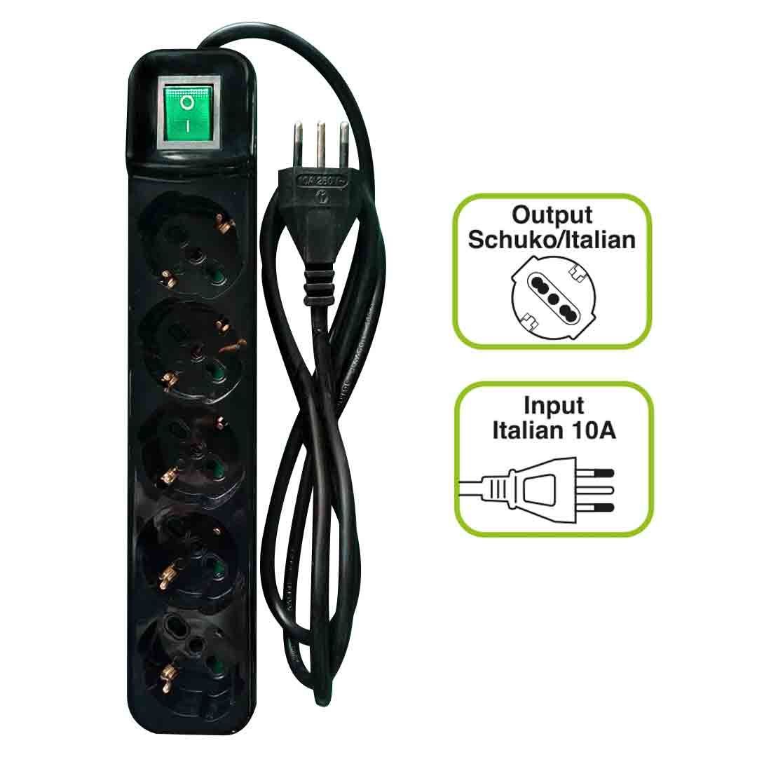 TECNOWARE MULTIPRESA FILTRATA, INTERRUTTORE LUMINOSO, CHILD PROTECTION, SPINA INGRESSO ITALIA, 5 USCITE FILTRATE INCLINATE TIPO SCHUKO/ITALIA 10/16 A, COLORE NERO [FMP5IIG]