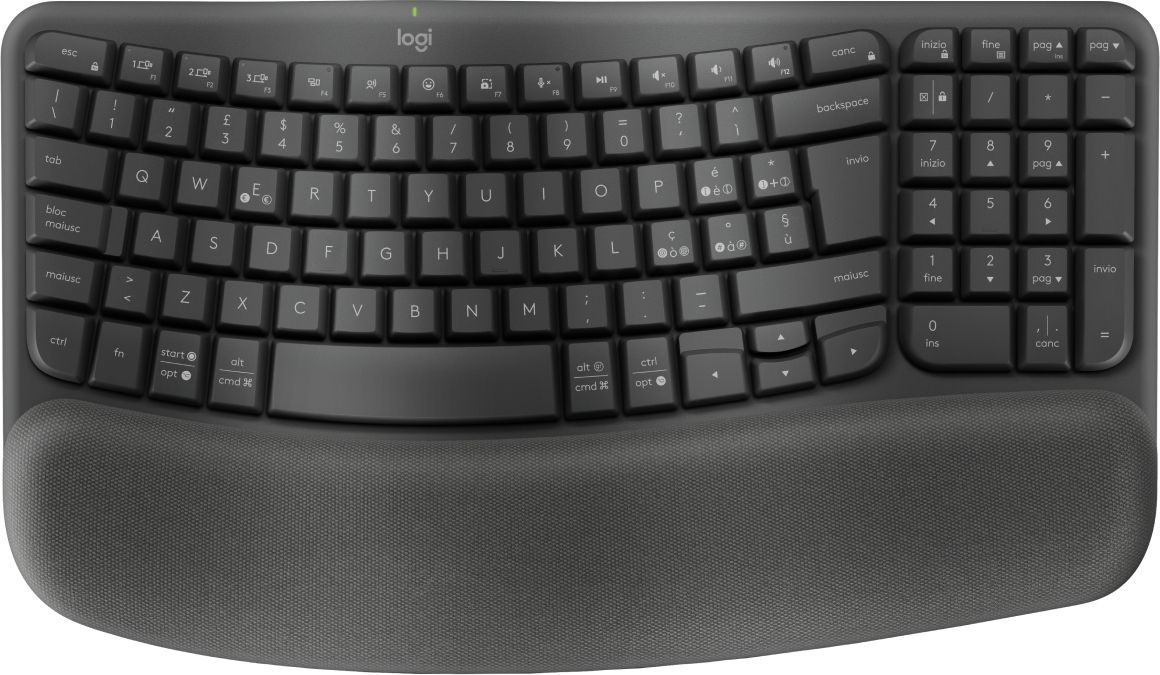 Logitech Wave Keys for Business, tastiera wireless ergonomica con supporto per i polsi imbottito, tecnologia Secure Logi Bolt, Bluetooth, compatibile con Windows/Mac/Chrome/Linux - Grafite [920-012330]