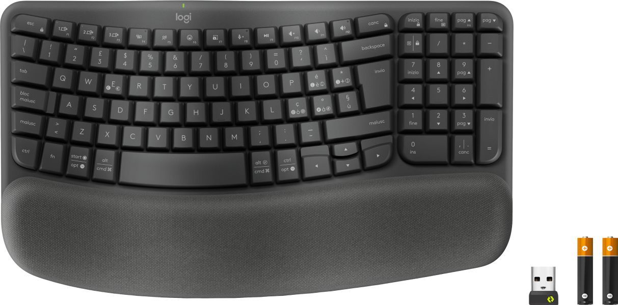 Logitech Wave Keys for Business, tastiera wireless ergonomica con supporto per i polsi imbottito, tecnologia Secure Logi Bolt, Bluetooth, compatibile con Windows/Mac/Chrome/Linux - Grafite [920-012330]