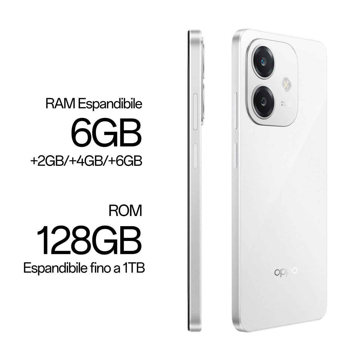 OPPO A40 Smartphone, Fotocamera AI 50MP, Selfie 5MP, Display 6.67 90HZ LCD HD+, 5100mAh, RAM 12 GB (6+6) + ROM 128GB, IP54, [Versione Italia], Starlight White [110010347453]