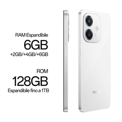 OPPO A40 Smartphone, Fotocamera AI 50MP, Selfie 5MP, Display 6.67 90HZ LCD HD+, 5100mAh, RAM 12 GB (6+6) + ROM 128GB, IP54, [Versione Italia], Starlight White [110010347453]
