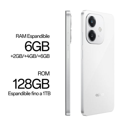 OPPO A40 Smartphone, Fotocamera AI 50MP, Selfie 5MP, Display 6.67 90HZ LCD HD+, 5100mAh, RAM 12 GB (6+6) + ROM 128GB, IP54, [Versione Italia], Starlight White [110010347453]