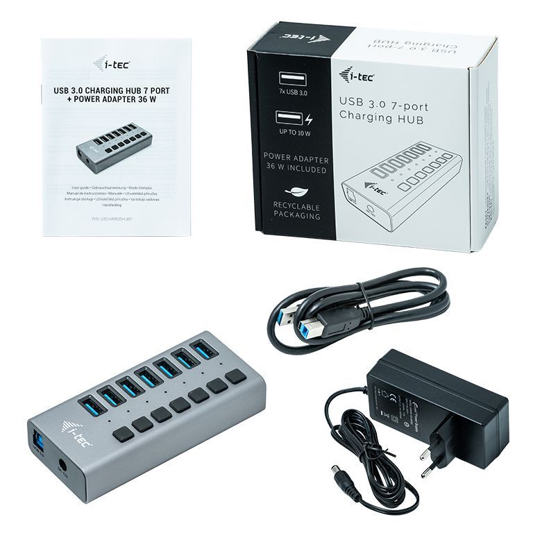 i-tec U3CHARGEHUB7 Caricabatterie per dispositivi mobili Universale Grigio AC Ricarica rapida Interno [U3CHARGEHUB7]