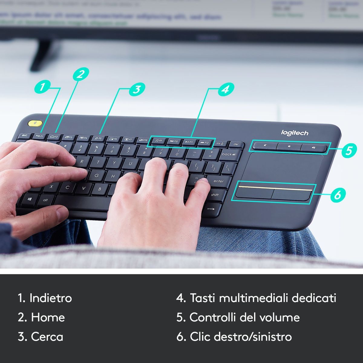 Logitech K400 Plus Tastiera Wireless Touch per tv [920-007135]