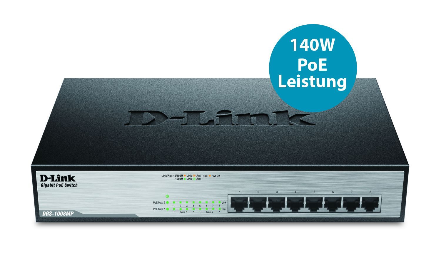 D-Link DGS-1008MP switch di rete Non gestito Gigabit Ethernet (10/100/1000) Supporto Power over Ethernet (PoE) 1U Nero [DGS-1008MP]